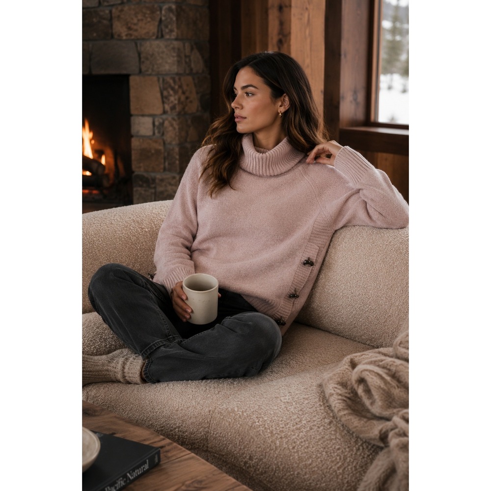 Tara Jarmon Prague Pink Wool Blend Button Side Cowl Neck Sweater Size M